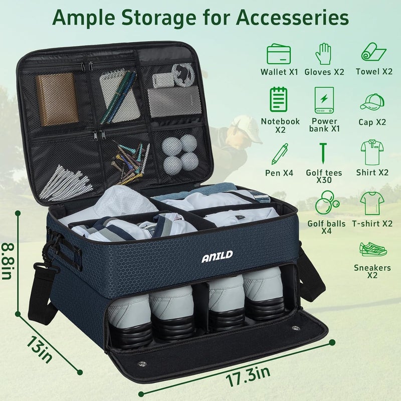ANILD Golf Trunk Organizer, 2 Layer Golf Storage Case with Separate Ventilated Compartment for 2 Pair Shoes, for Balls, Tees, Clothes, Gloves, Accessories, Golfer Gifts - Image 2